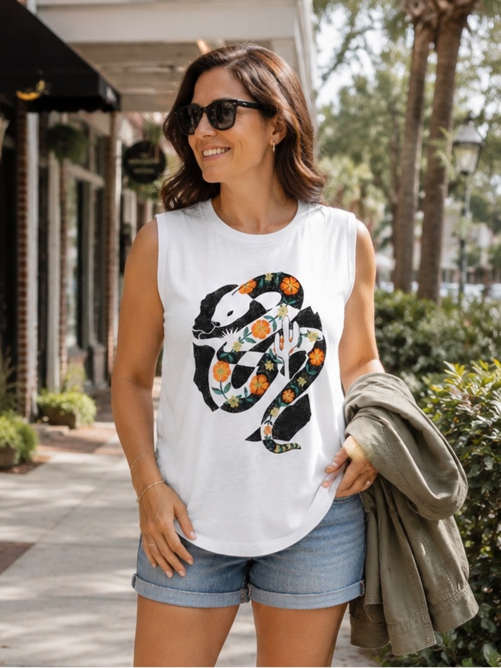 Torrid M/L Snake Cactus Floral Embroidered Muscle Tee White Western Boho